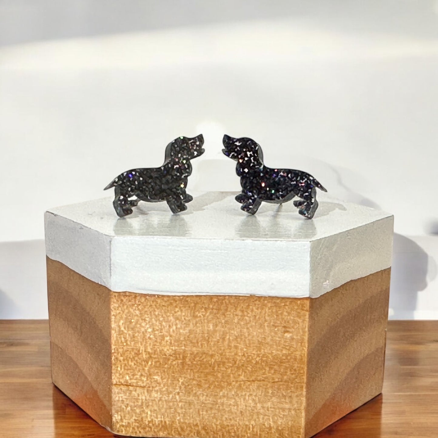 'Dachshunds' Mini Stud Earrings - Black Glitter