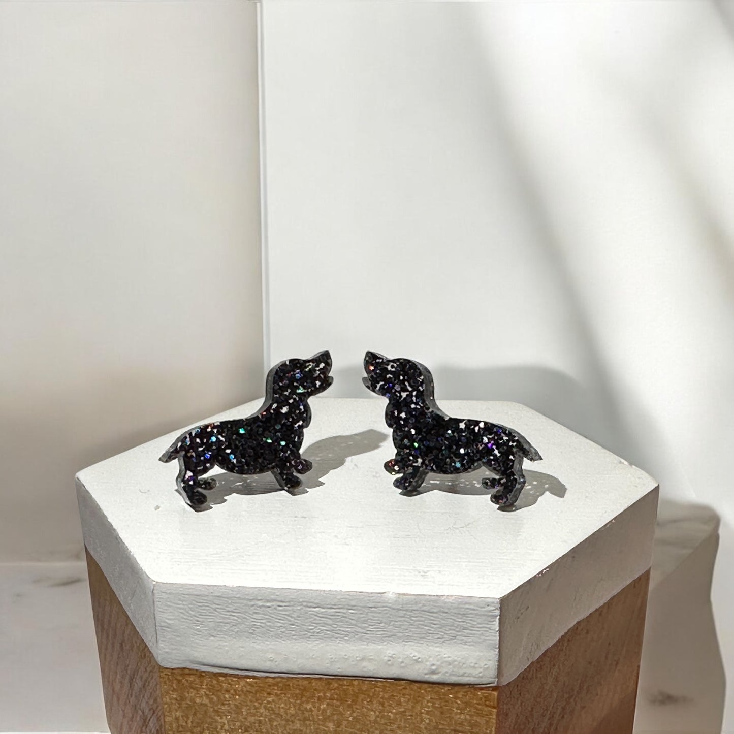 'Dachshunds' Mini Stud Earrings - Black Glitter