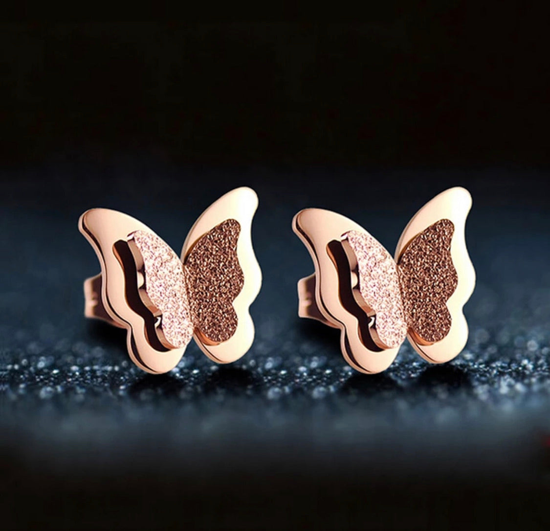 Sparkling Rose Gold Mini Butterfly Stud Earrings