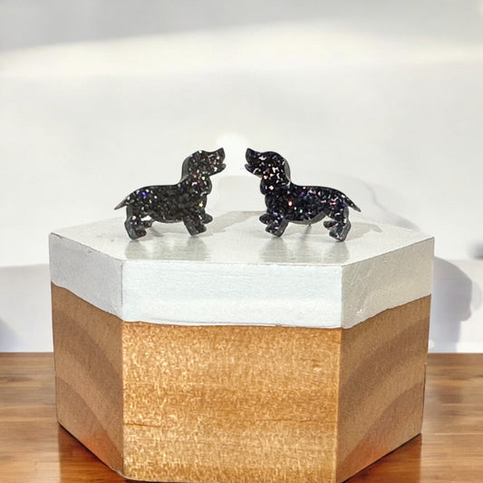 'Dachshunds' Mini Stud Earrings - Black Glitter