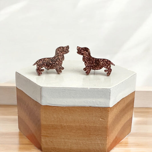 'Dachshunds' Mini Stud Earrings - Brown Glitter